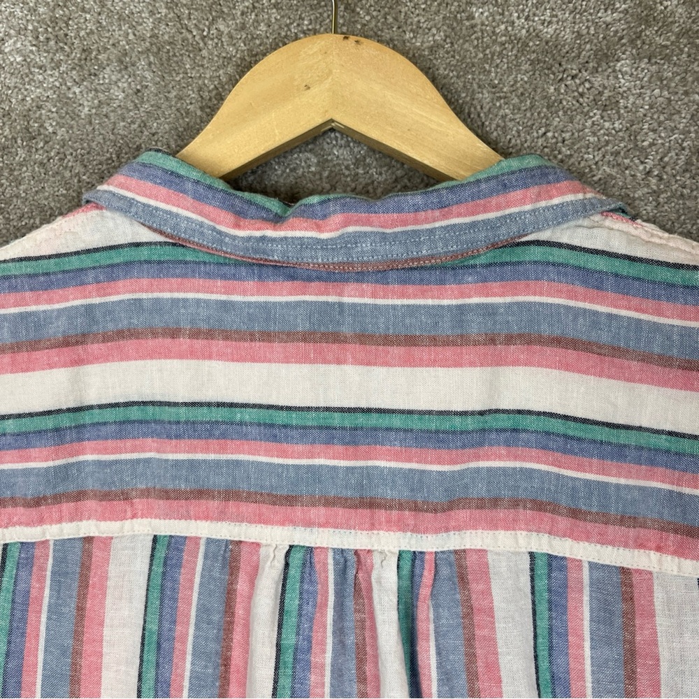 Orvis Shirt Womens Large Pink Blue Stripe Linen Blend Short Sleeve Button- 4096 - Picture 10 of 11